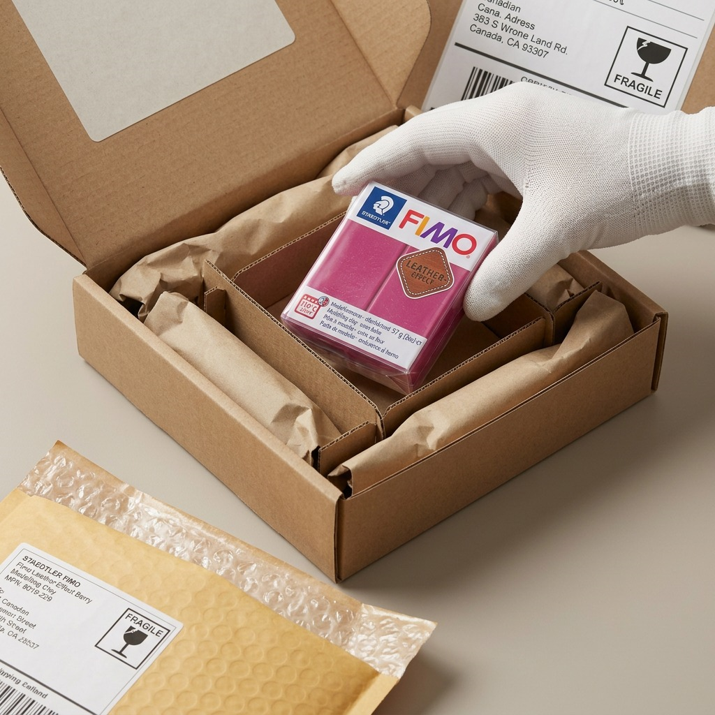 A realistic, premium e-commerce photo of a Fimo Leather-Effect Berry clay package within a cushioned shipping box.