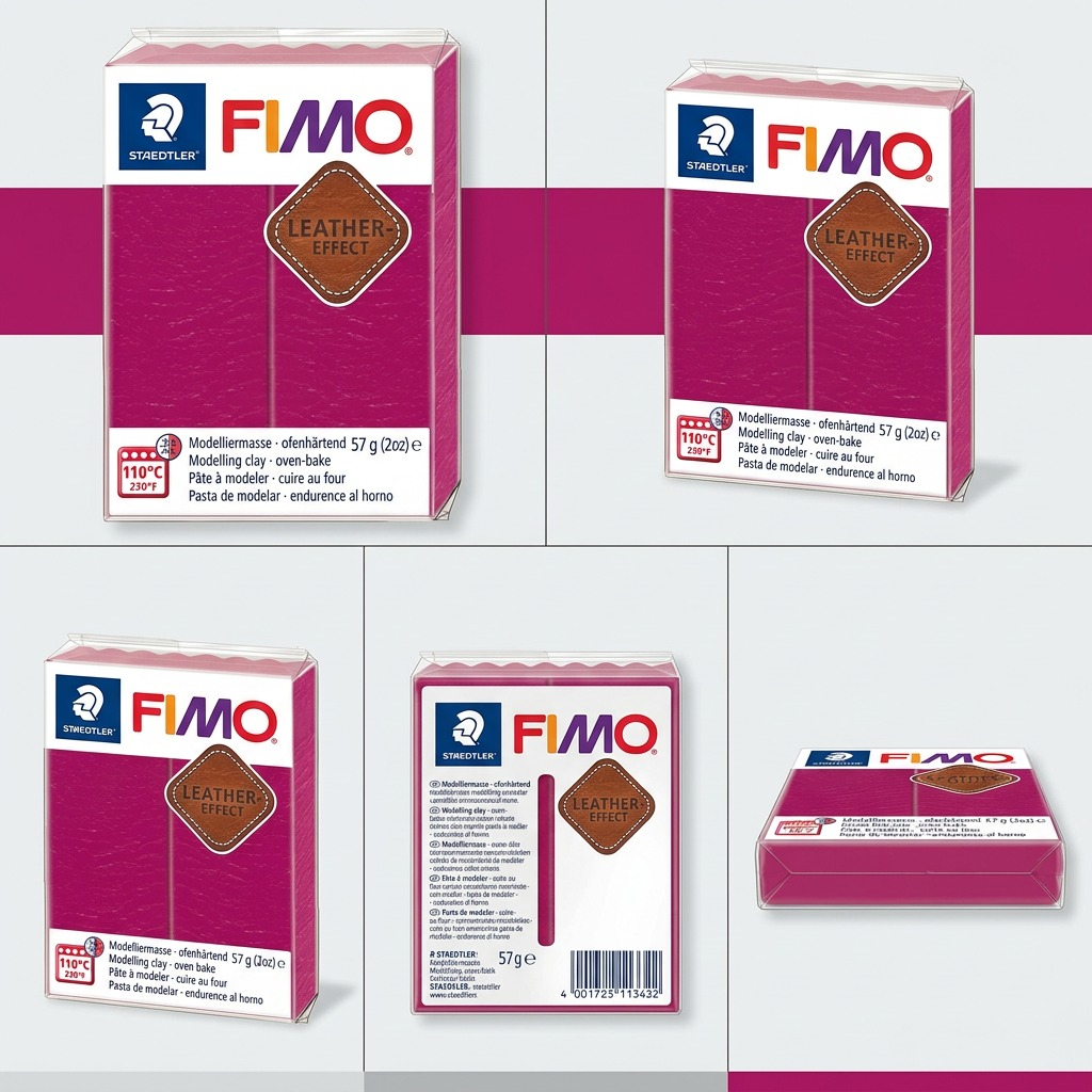 A five-panel e-commerce product matrix for FIMO Leather Effect Berry clay from multiple angles.