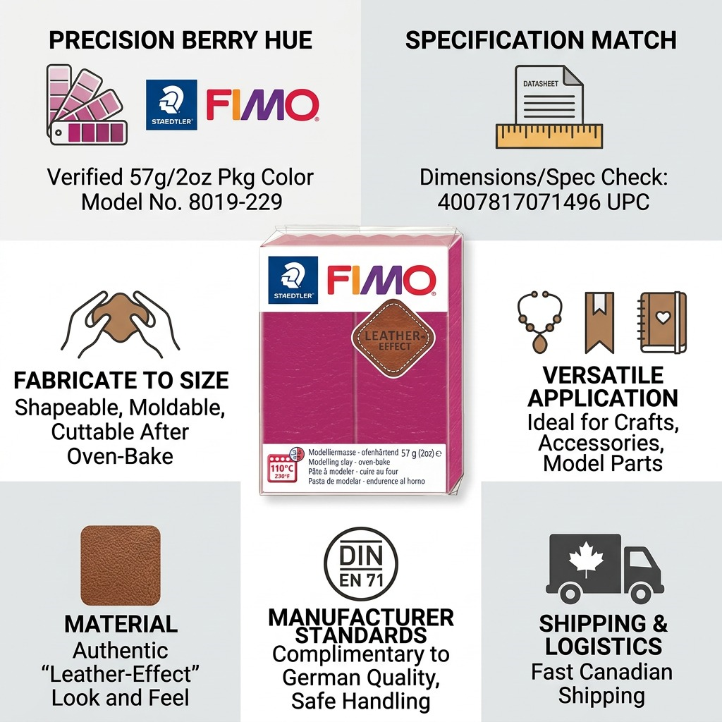Infographic about STAEDTLER FIMO Leather Effect clay, highlighting key features like material, compatibility, and fast Canadian shipping.