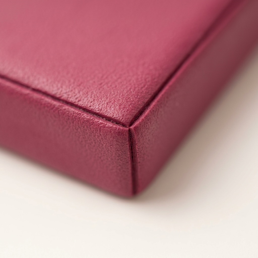 Macro close-up capturing the fine berry-colored leather-effect texture and precise seam of the FIMO clay up close.