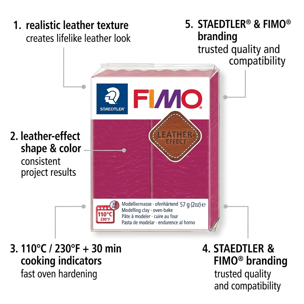Visual Matrix of FIMO Leather Effect key features like realistic texture, oven haking, and standard size.