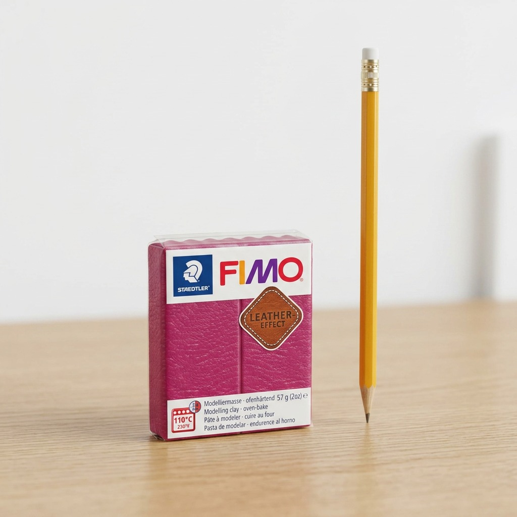Scale reference photo: STAEDTLER Fimo Leather Effect Berry clay rests on a desk next to a pencil.
