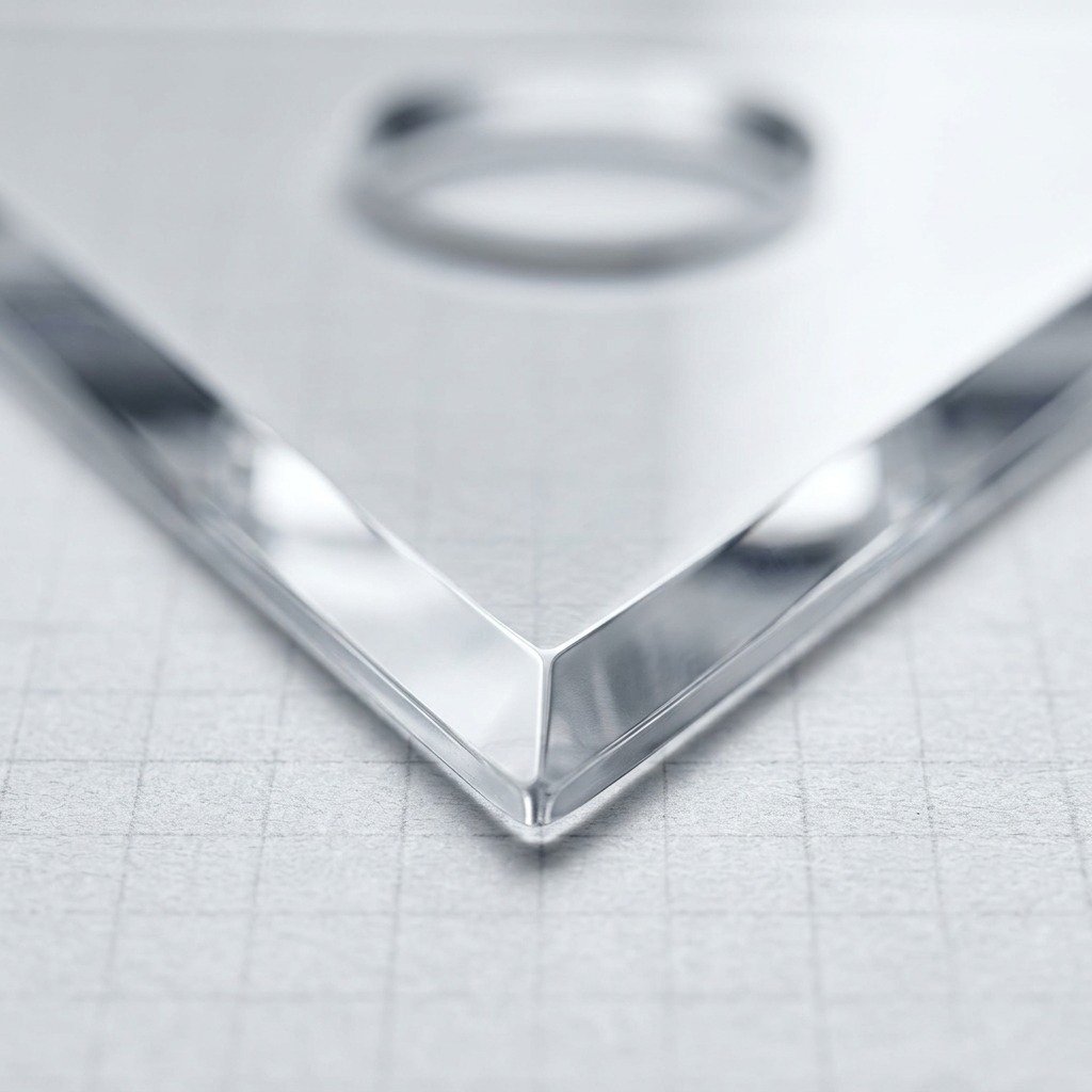 Macro photo detail of the STAEDTLER set square, highlighting the precise, polished clear acrylic edges and central hole.
