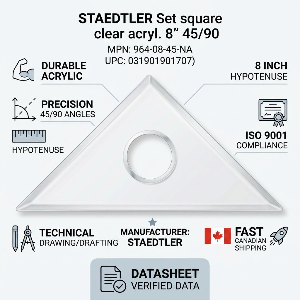 Trust infographic with icons, showing STAEDTLER set square, datasheet info, and Canadian shipping.