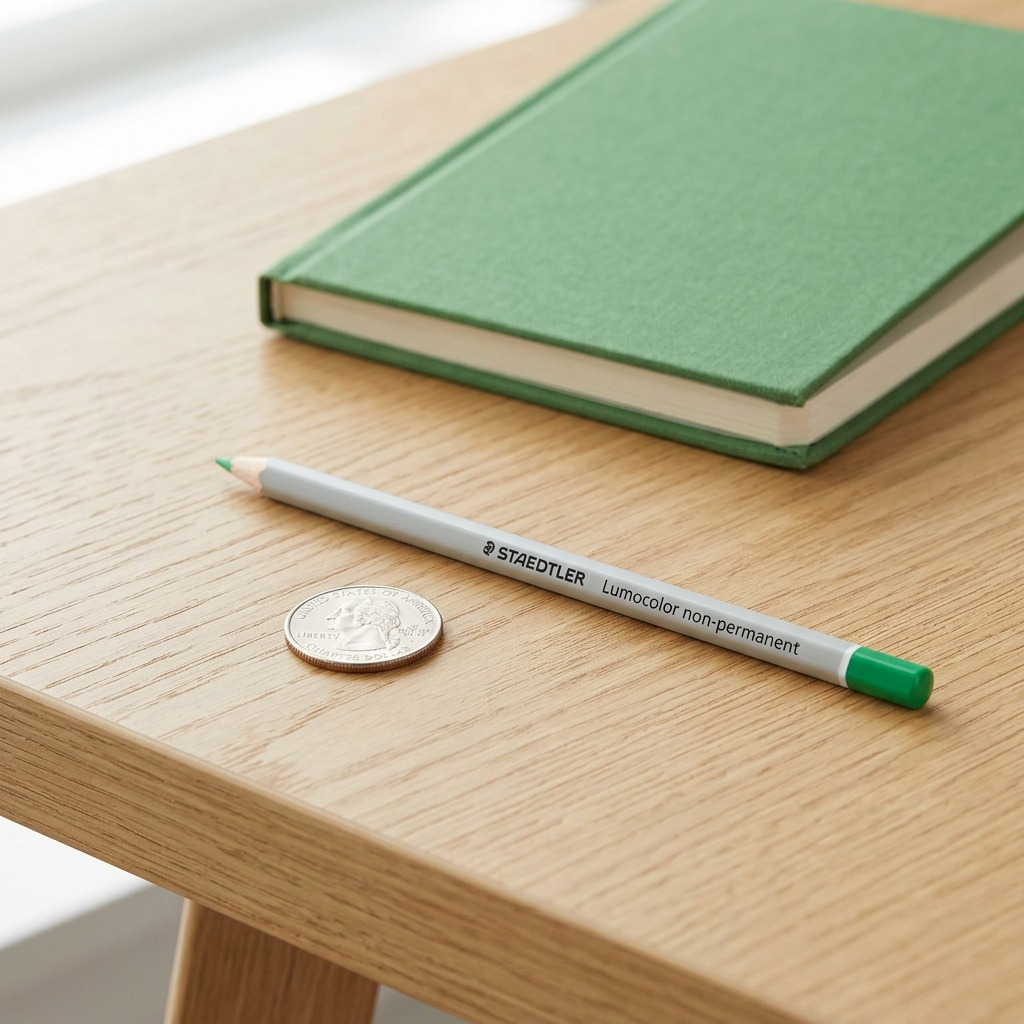 The green STAEDTLER non-permanent pencil lies next to a standard US quarter on a desk.