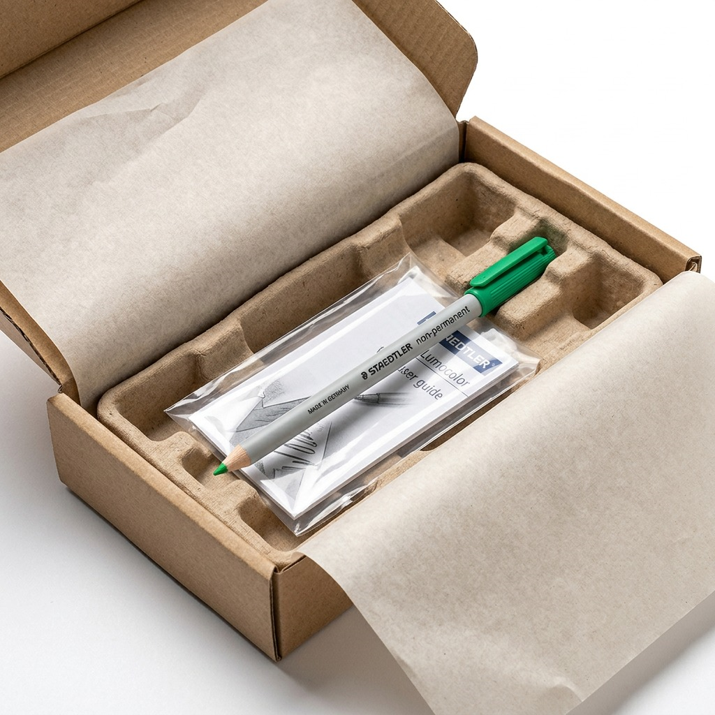 A Staedtler Lumocolor non-permanent omnichrom 108 marker, as seen in image_0.png, safely nestled in neutral dunnage within an unboxed shipping container.