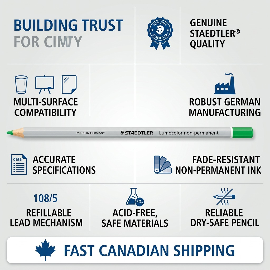 Infographic for STAEDTLER Lumocolor non-permanent pencils (Green, 108-5), detailing trust-building features and Canadian shipping.