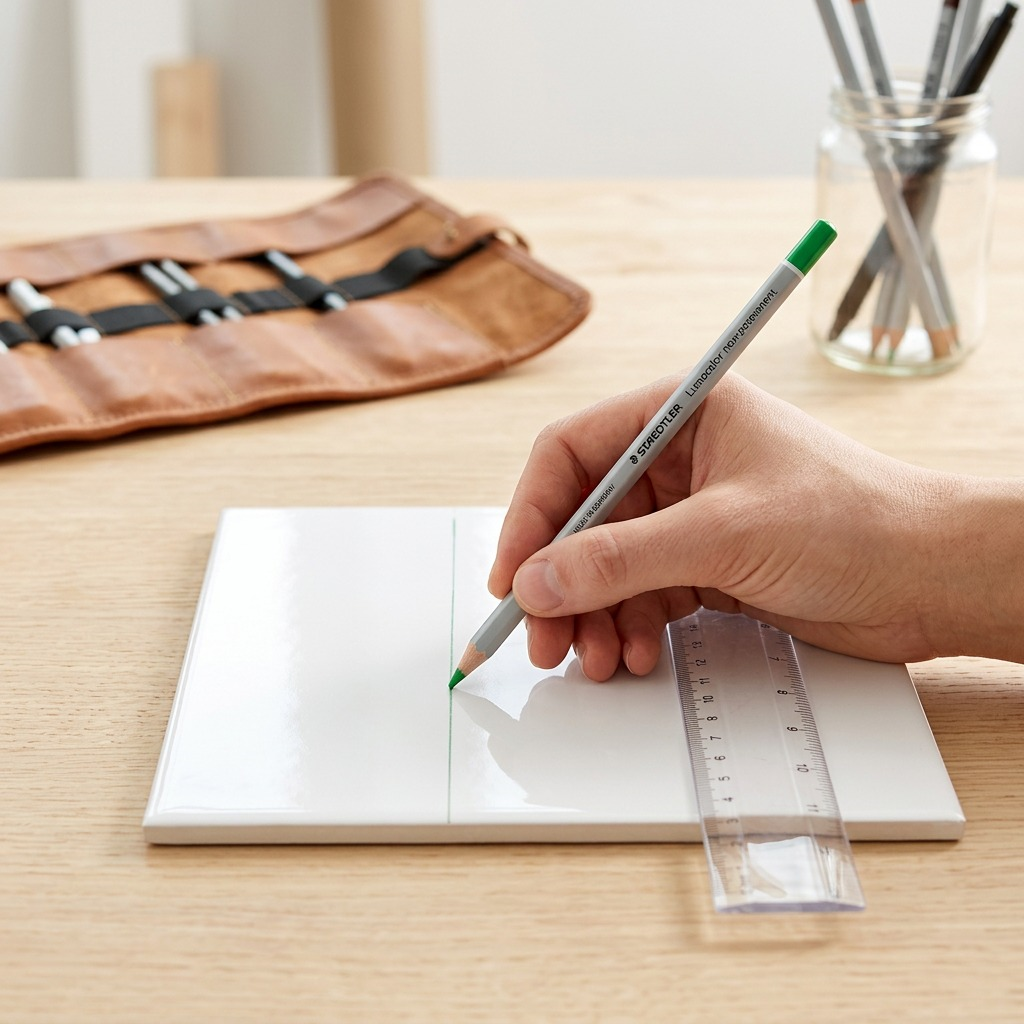 A close-up shot of the Staedtler Lumocolor omnichrom 108 pencil being used to mark a tile, with a ruler and other tools nearby on a clean, light wood workbench.