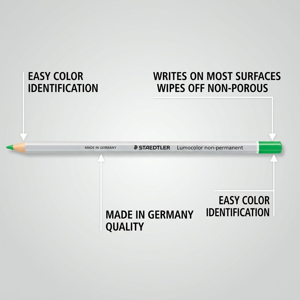 An operational feature callout visual for STAEDTLER Lumocolor 108 non-permanent green pencil.