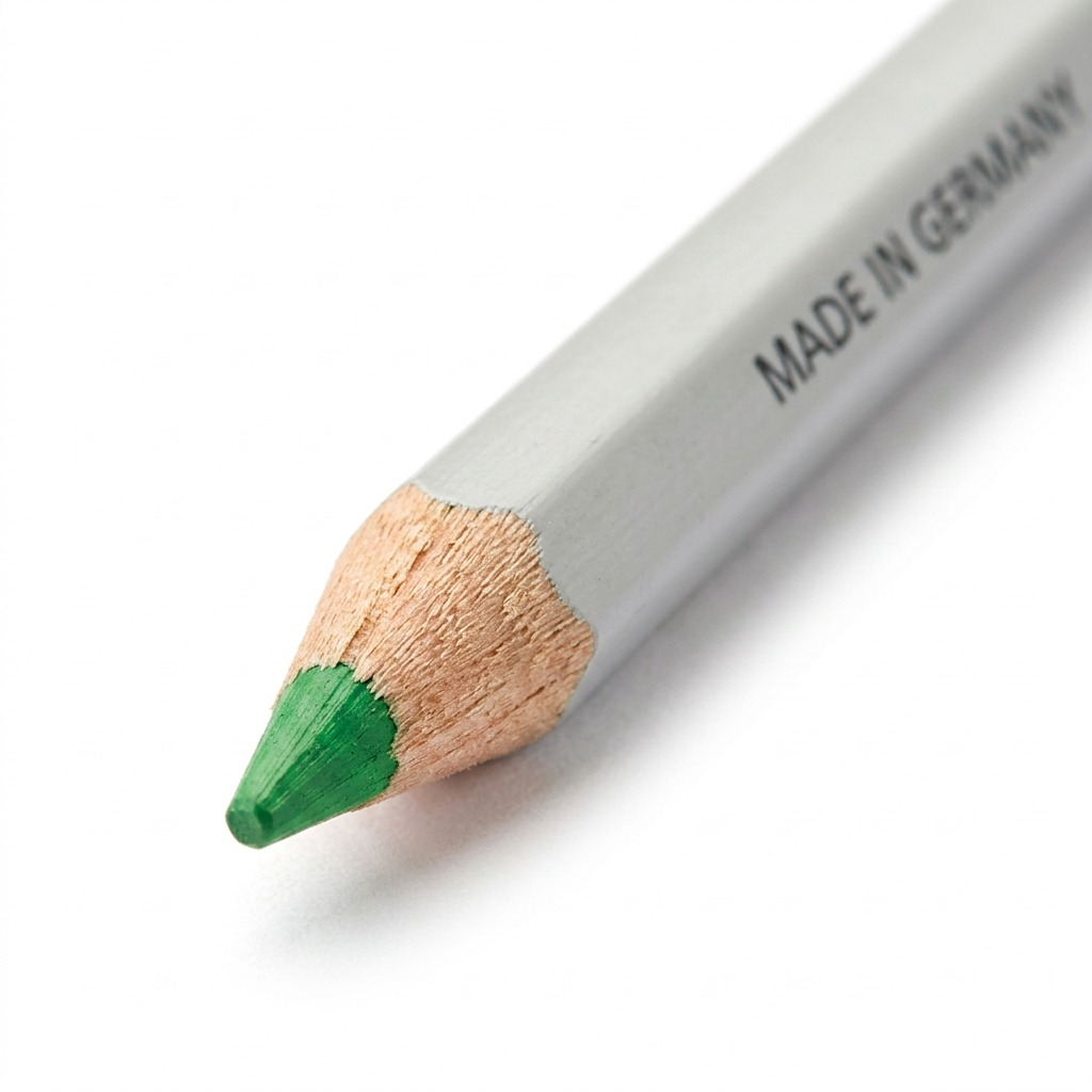 Macro photo detailing the green point of the STAEDTLER omnichrom pencil and its wood casing.
