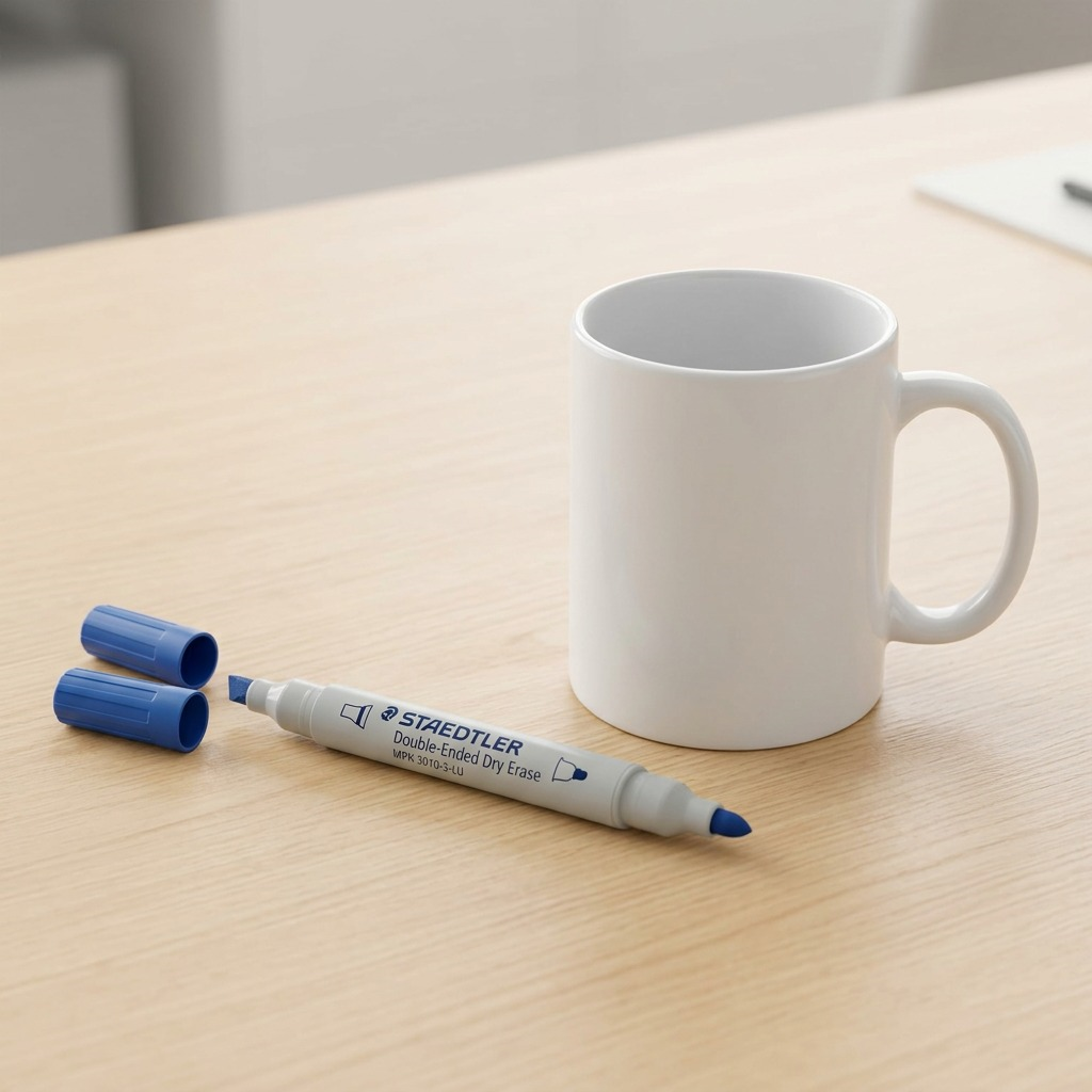 A photograph of the blue Staedtler double-ended dry erase marker, with one cap removed, placed for scale next to a white ceramic coffee mug.