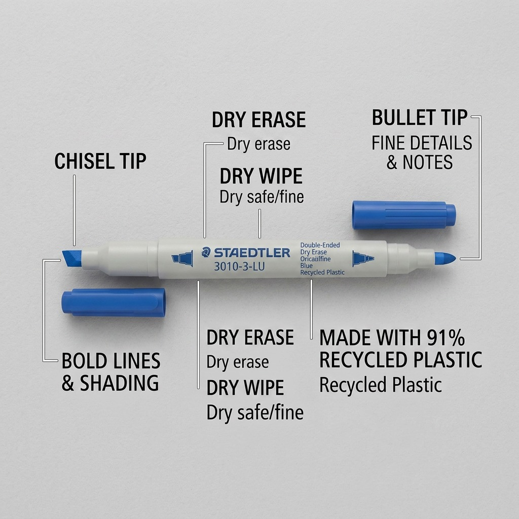 A callout diagram for the double-ended STAEDTLER dry erase marker with chisel and bullet tips.