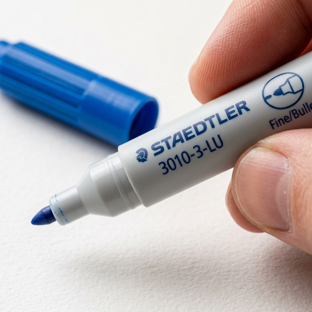 Macro close-up of STAEDTLER 3010-3-LU marker, showing fine bullet tip and printed text detail on the barrel.