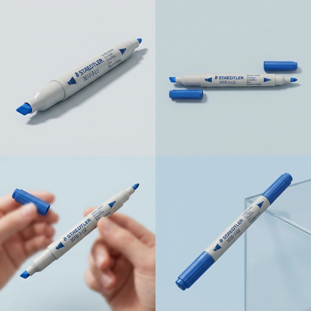 Multi-angle view of the Staedtler double-ended blue dry-erase marker.