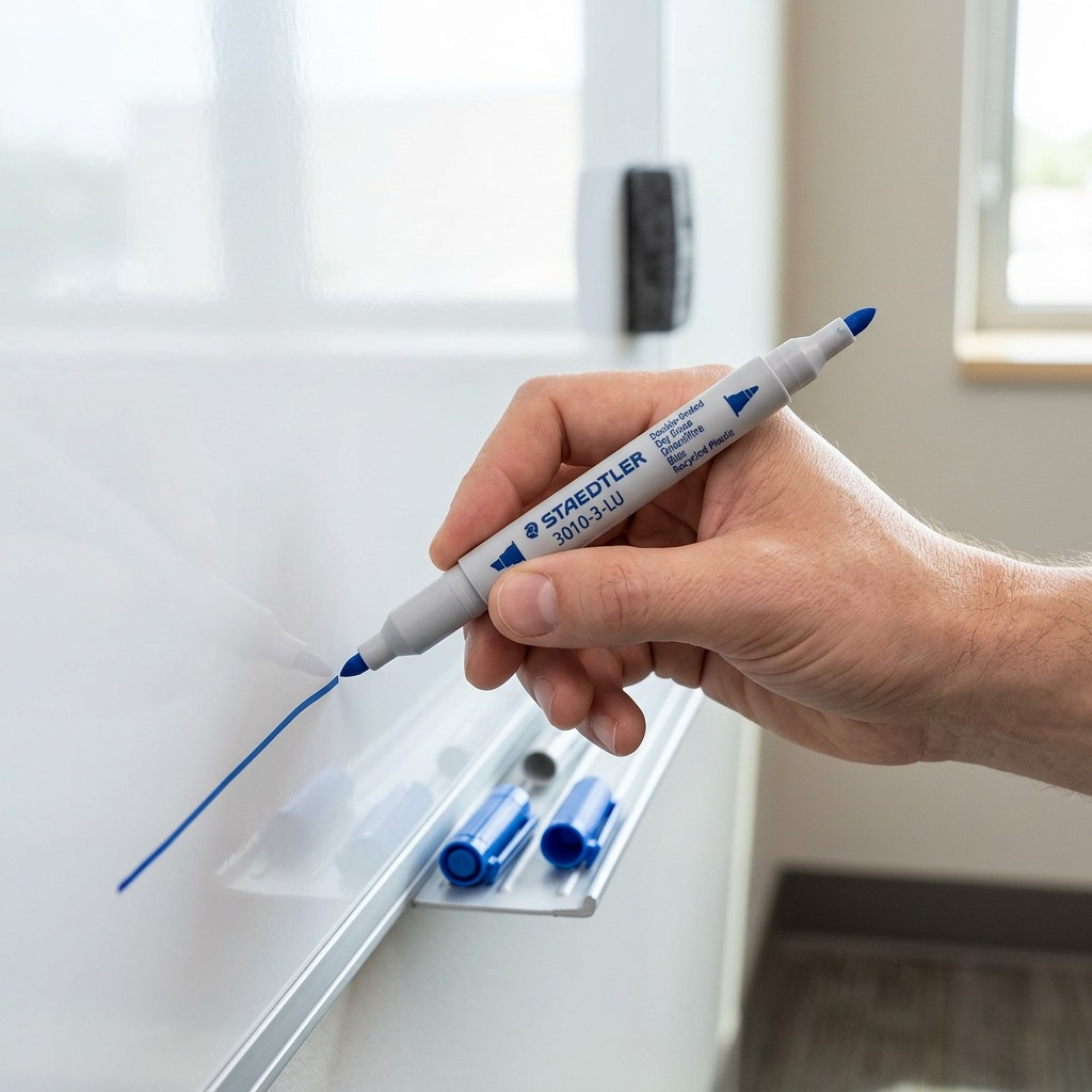 A blue Staedtler double-ended marker uncapped and drawing a fine line on a white whiteboard surface.