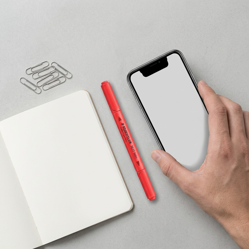 A scale reference image showing the STAEDTLER highlighter next to an open notebook and a hand with paperclips.