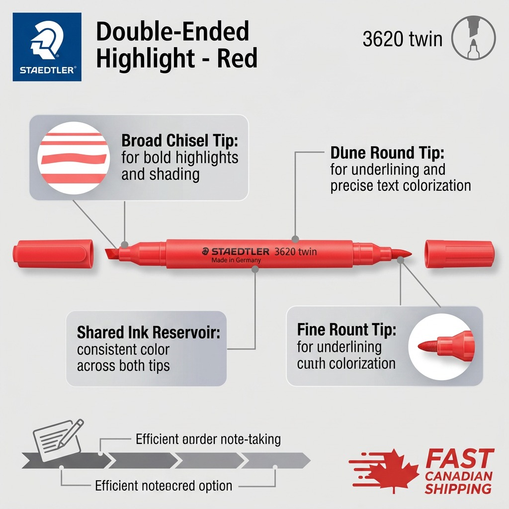 A functional product detail image showcasing the STAEDTLER double-ended highlighter features.