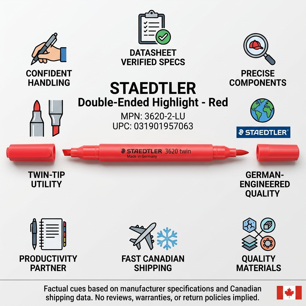 An infographic matrix for STAEDTLER Double-Ended Highlight - Red, showing factual product details, features, and fast Canadian shipping fast cues.