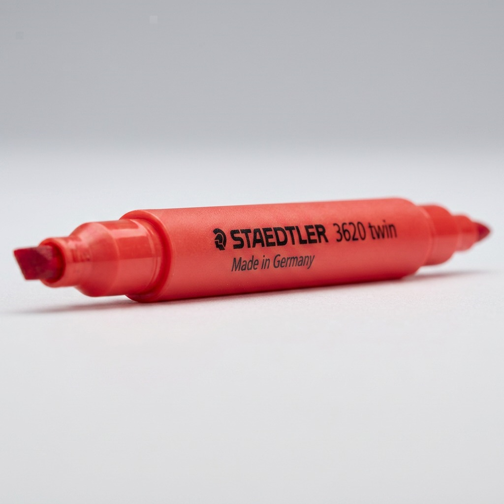 Close-up surface detail and printed branding on the STAEDTLER Double-Ended Highlight - Red marker barrel.