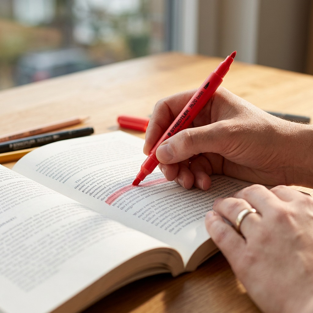 A right hand highlights text in an open book with the STAEDTLER Double-Ended red marker.