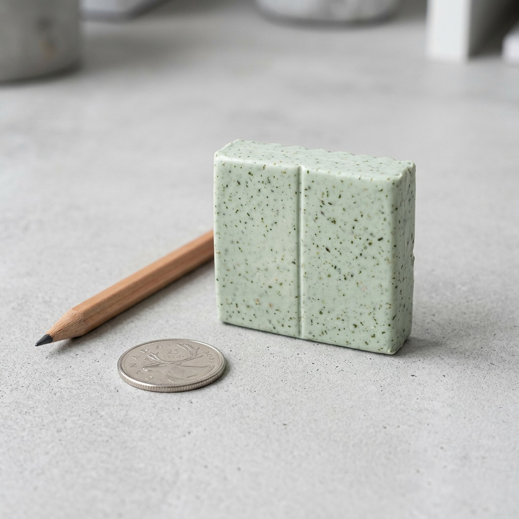 A high-resolution image of a block of STAEDTLER Fimo Effect Botanical Spinach clay placed on a desktop alongside a standard-sized pencil and a quarter, illustrating the relative dimensions of the product.