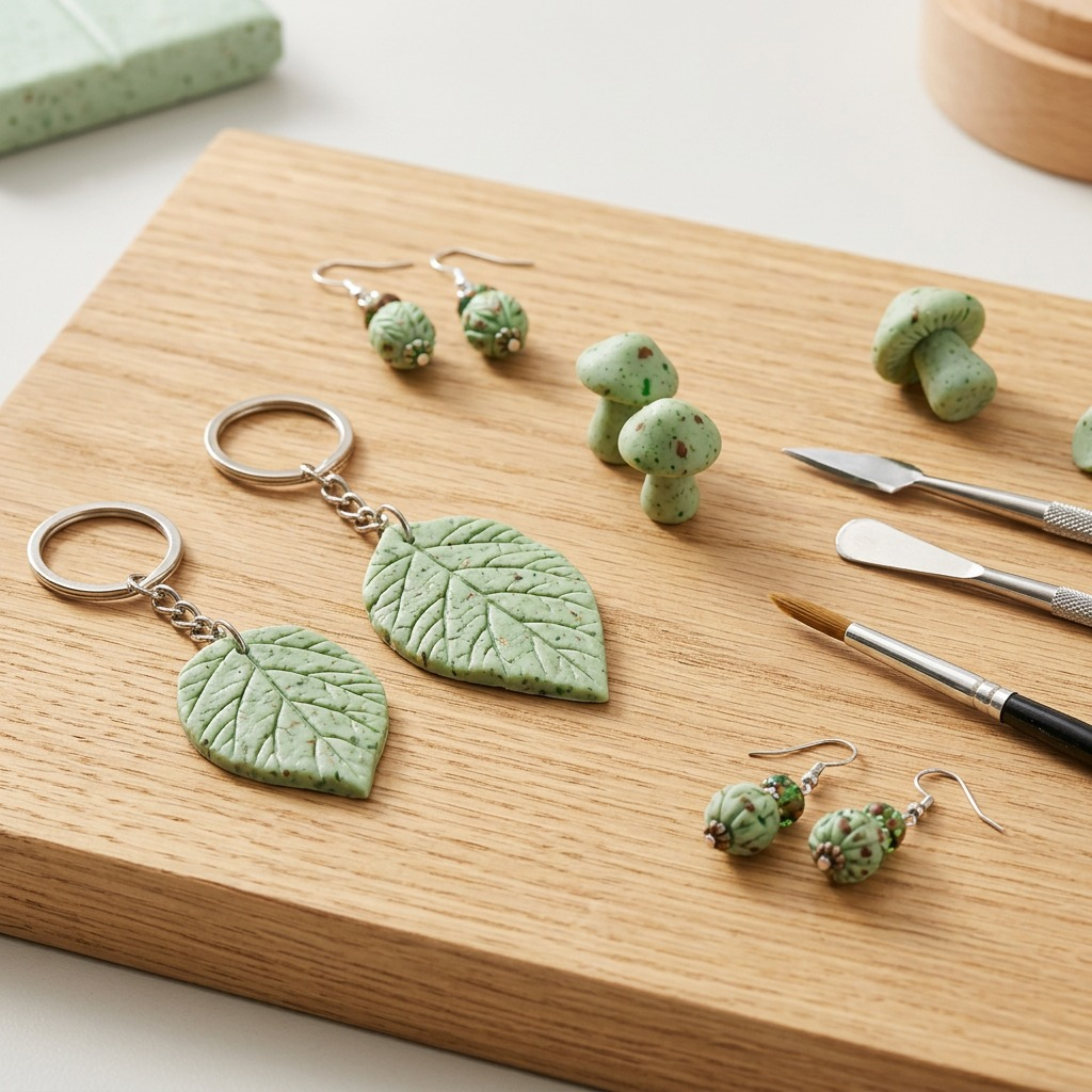 A close-up shot of small botanical crafts, including leaf-shaped charms and bead earrings, crafted from the green flecked modelling clay seen in image_0.png, resting on a light wood workbench with sculpting tools.