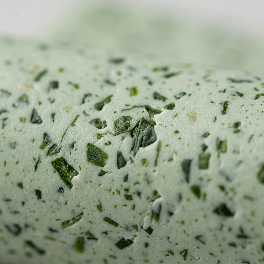 Macro close-up of STAEDTLER Fimo Effect Botanical Spinach clay texture, revealing embedded green botanical flecks.