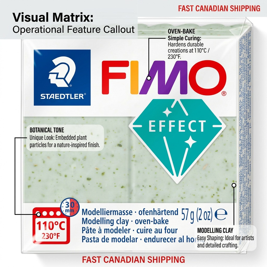 Feature callout matrix for STAEDTLER Fimo Effect Botanical Spinach, detailing its key technical benefits.