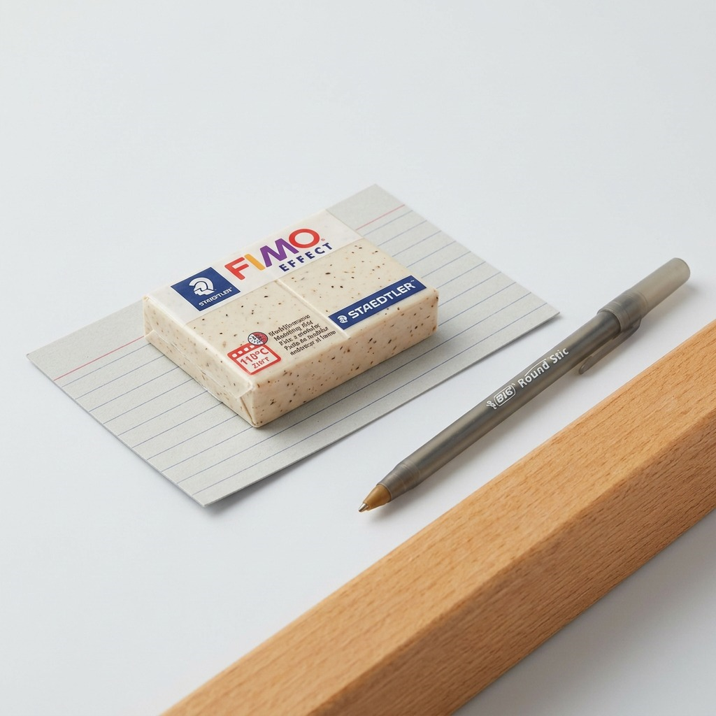 A photograph of the Fimo Botanical Sunflower 57g bar against a standard, lined 3x5 inch index card on a workbench.