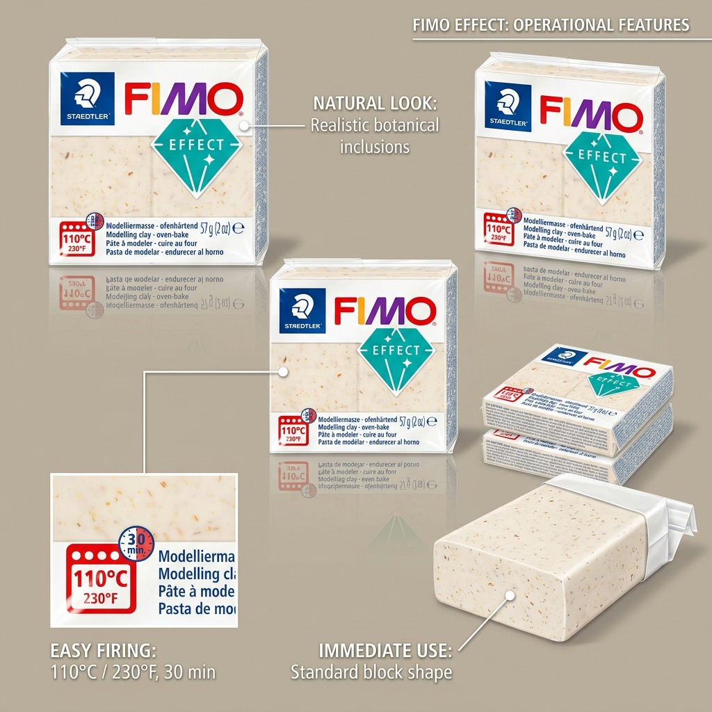 Operational feature callout graphic for FIMO Effect Botanical Sunflower clay, highlighting inclusions and baking specs.
