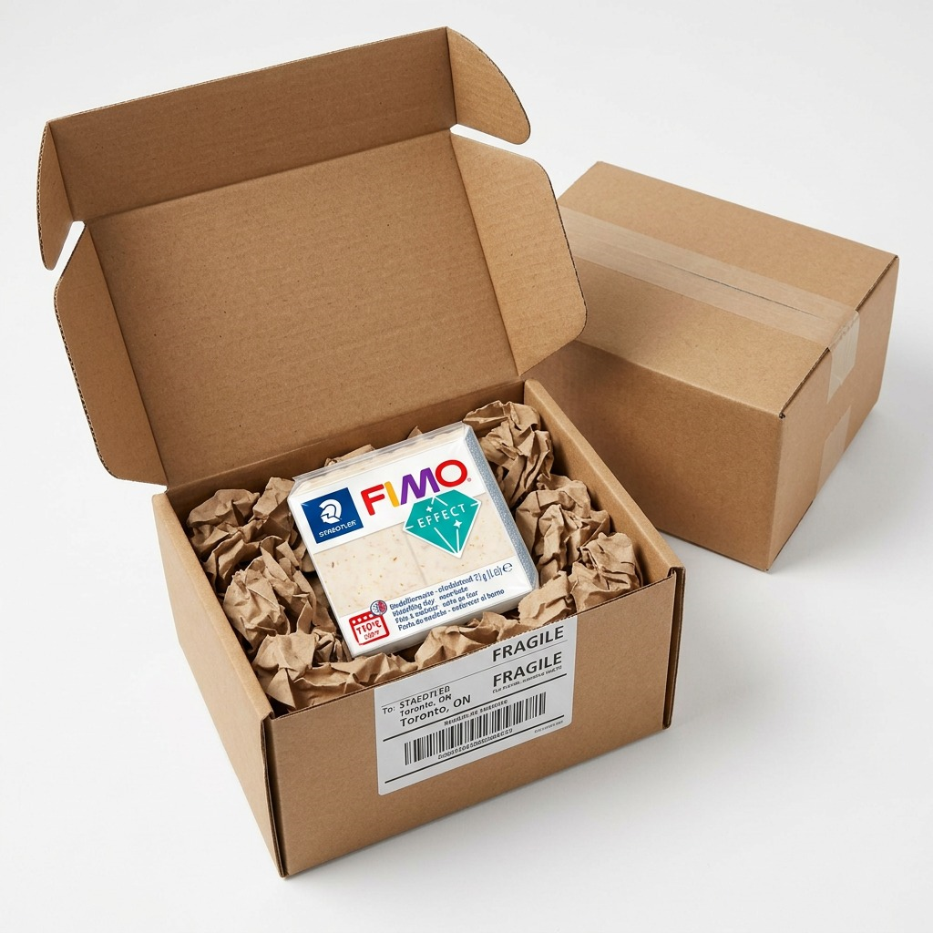 A standard cardboard box is open to show a package of STAEDTLER Fimo Effect Botanical Sunflower inside.
