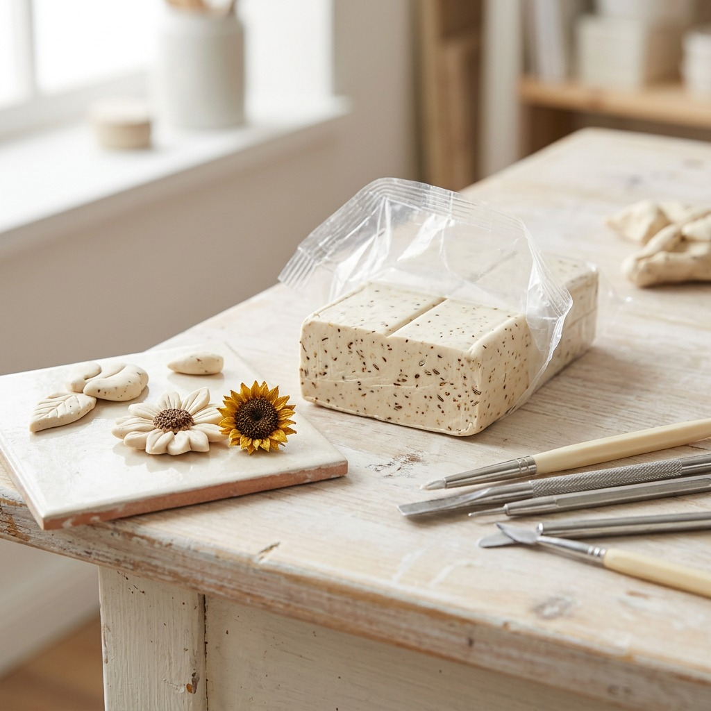 Lifestyle shot of a half-unwrapped block of FIMO Effect Botanical Sunflower clay on a wooden work surface, next to clay tools.