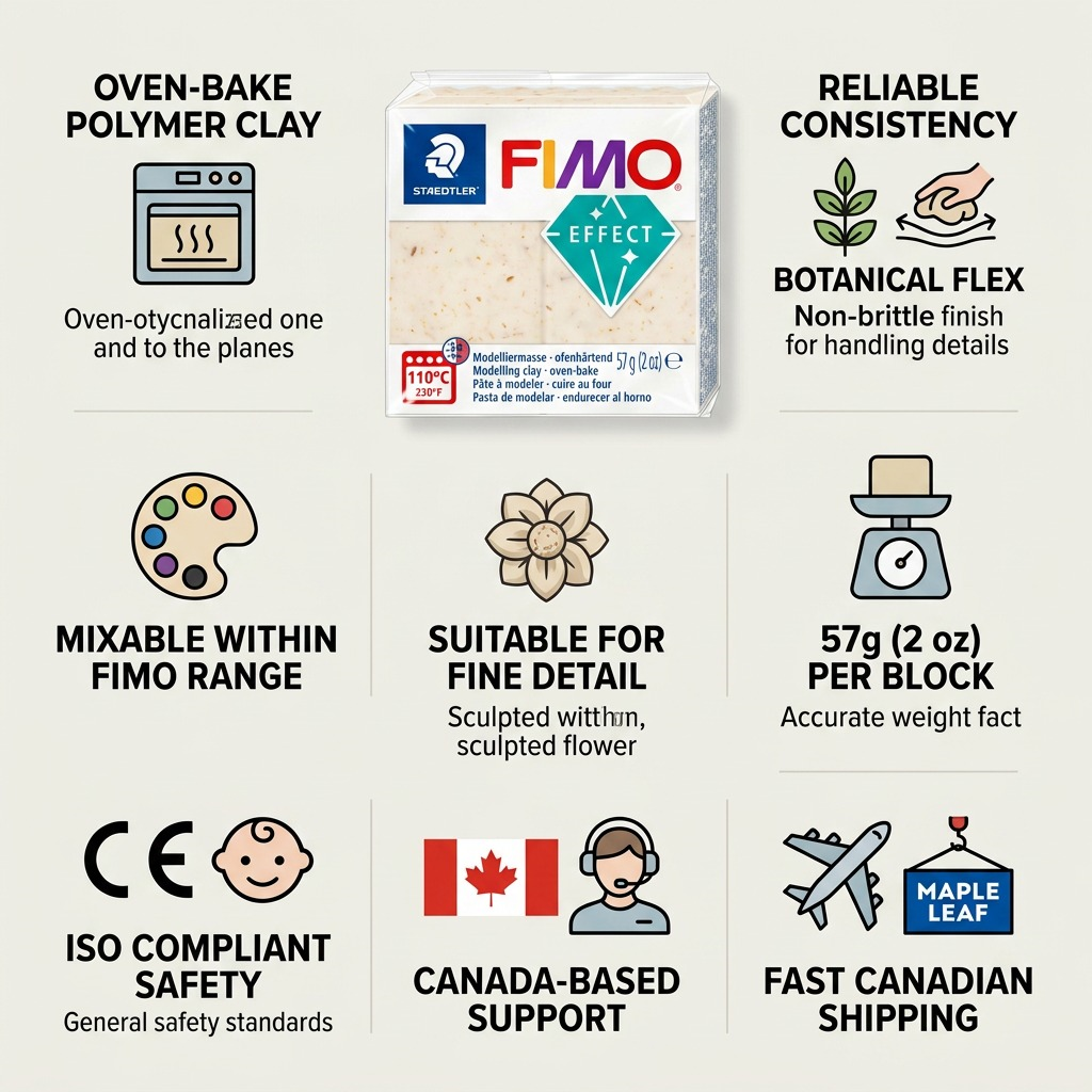 A trust and authority infographic centered on a factual depiction of STAEDTLER Fimo Effect Botanical Sunflower clay.