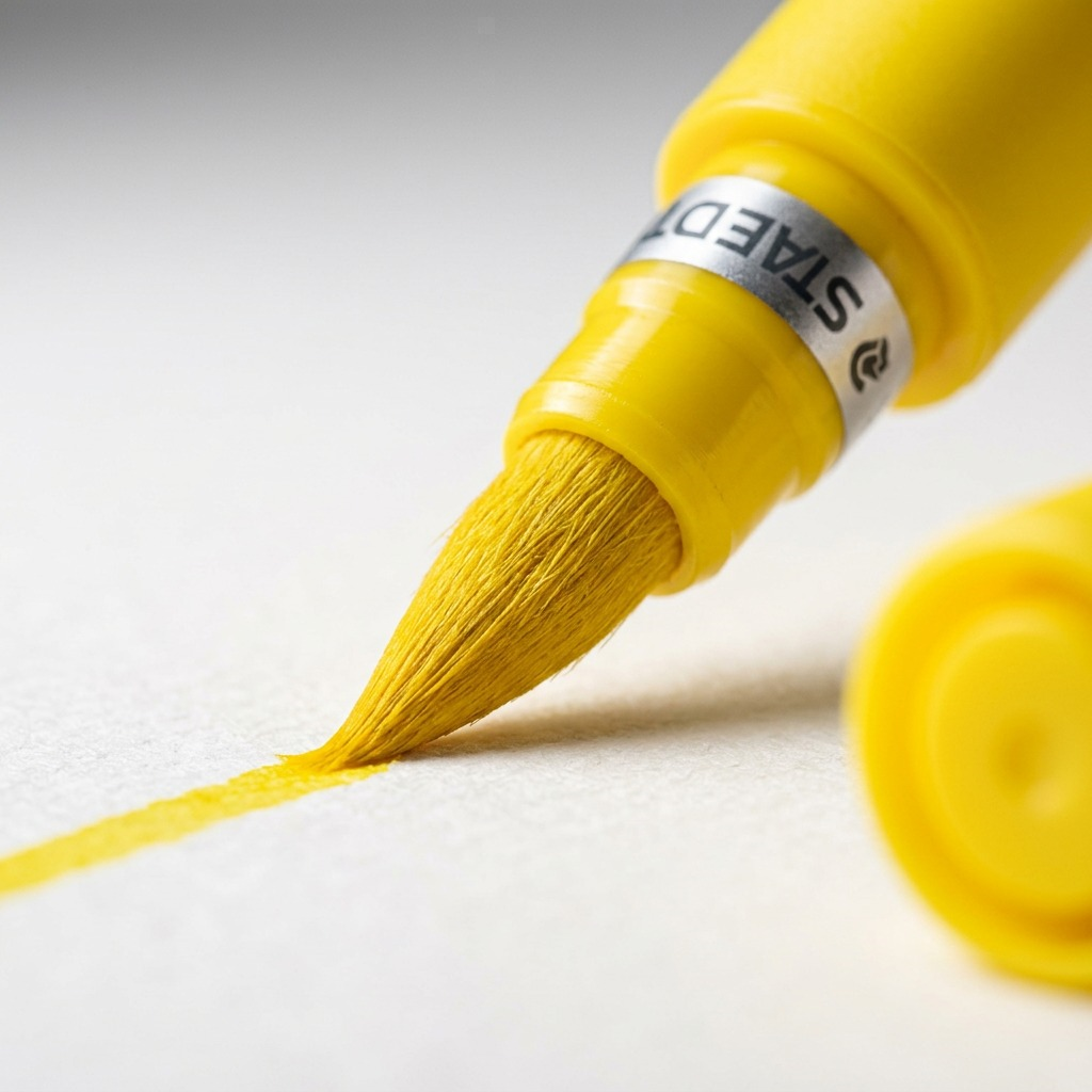 Macro photo detail: The dense, pointed felt-tip for fine lines and expressive brush strokes, with bright yellow ink saturation.