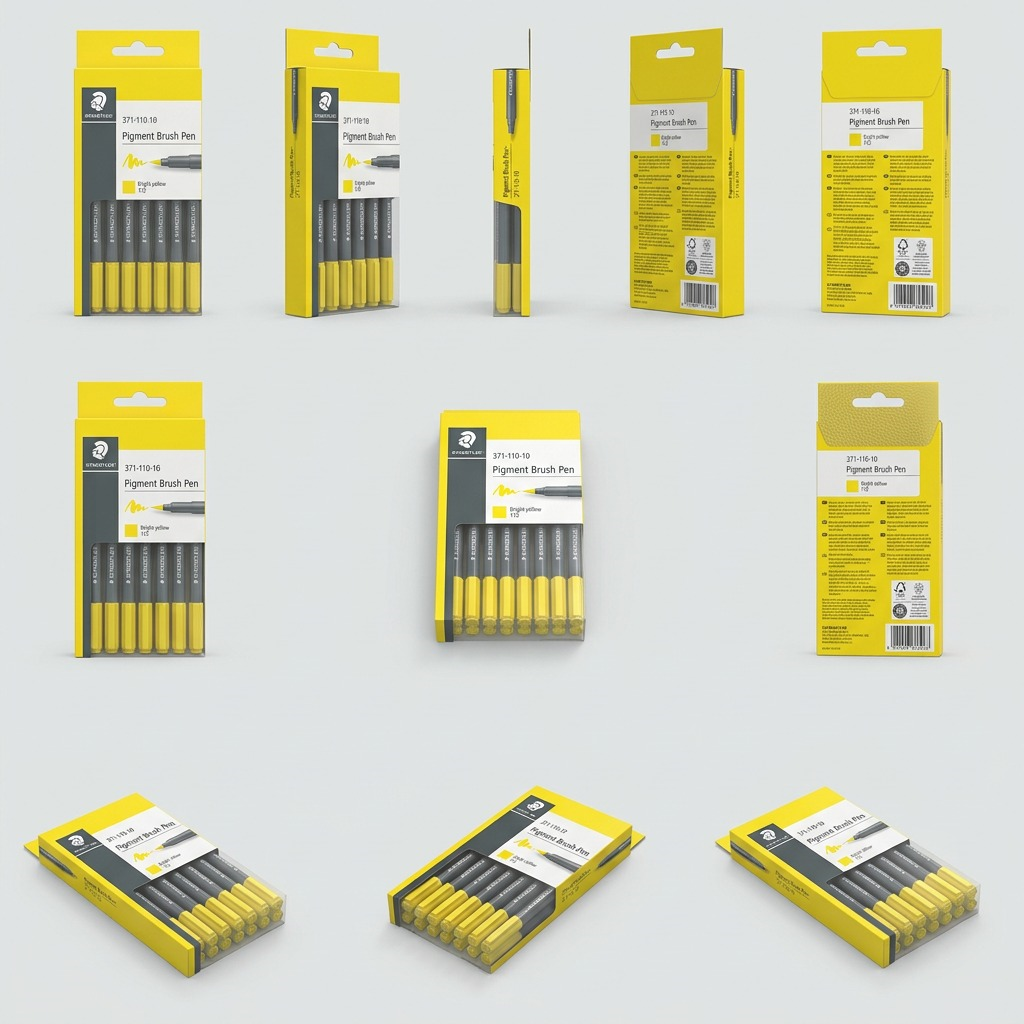 A matrix of ten identical packages of STAEDTLER Pigment Brush Pens in Bright Yellow, shown from different angled views on a clean, premium background.