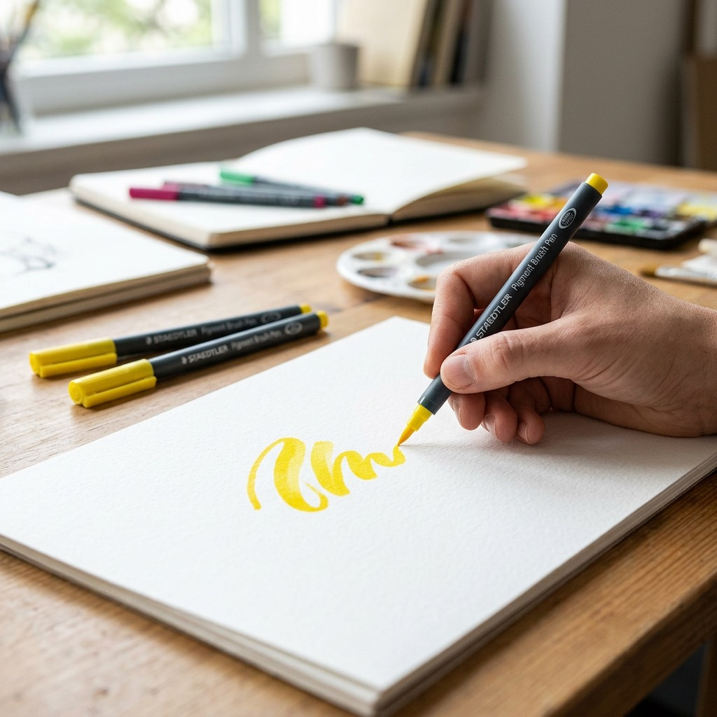 A hand holds a STAEDTLER Pigment Brush Pen, drawing on white art paper, with other pens nearby.