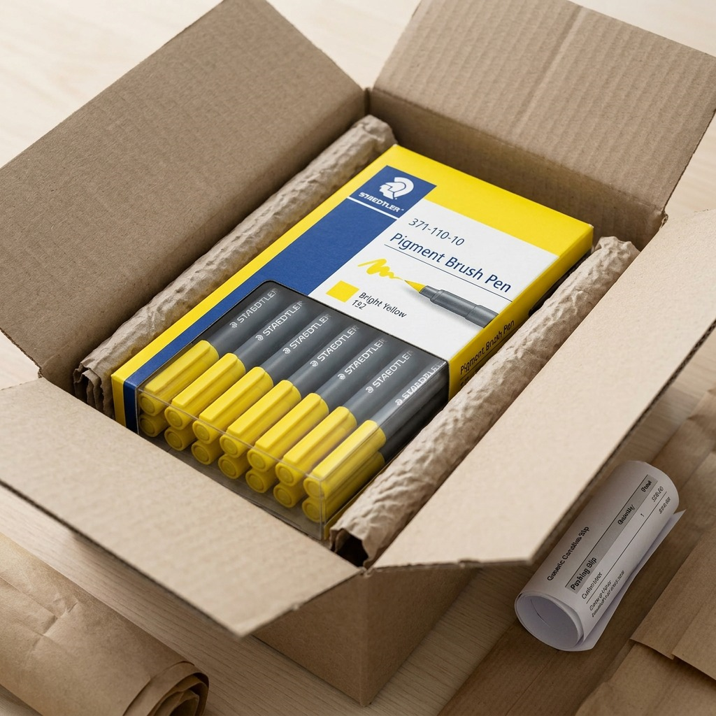 Retail box of six STAEDTLER Pigment Brush Pens (Bright Yellow) safely inside a protective shipping carton.