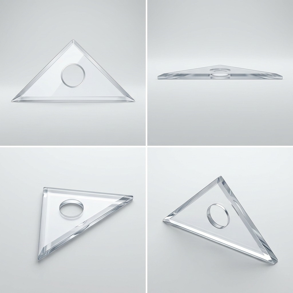 A clean ecommerce grid matrix displaying the STAEDTLER Triangle 8'' ruler from multiple angles, showcasing its 45/90 degree shape and central finger hole on a light neutral background.