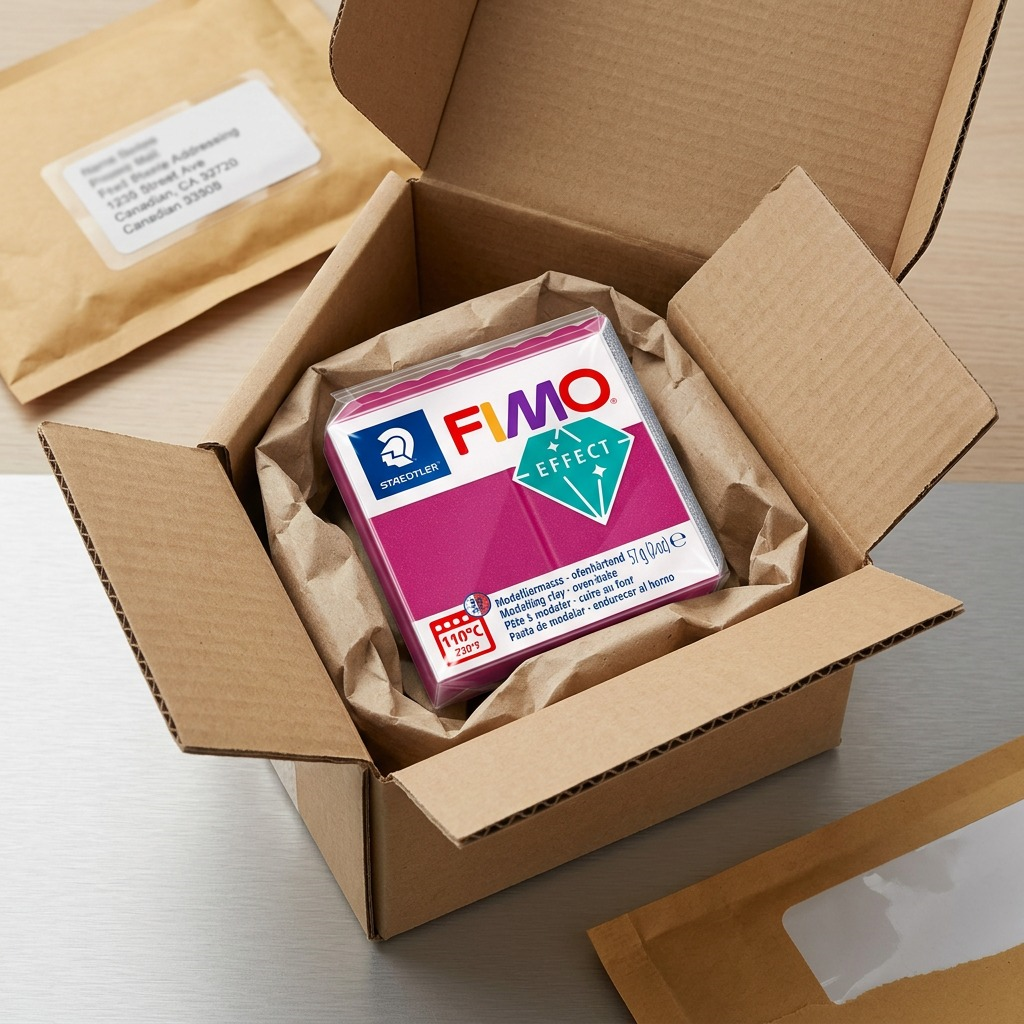 A premium, realistic unboxing scene showing STAEDTLER Fimo Effect clay protected by secure paper void fill in a durable cardboard box.