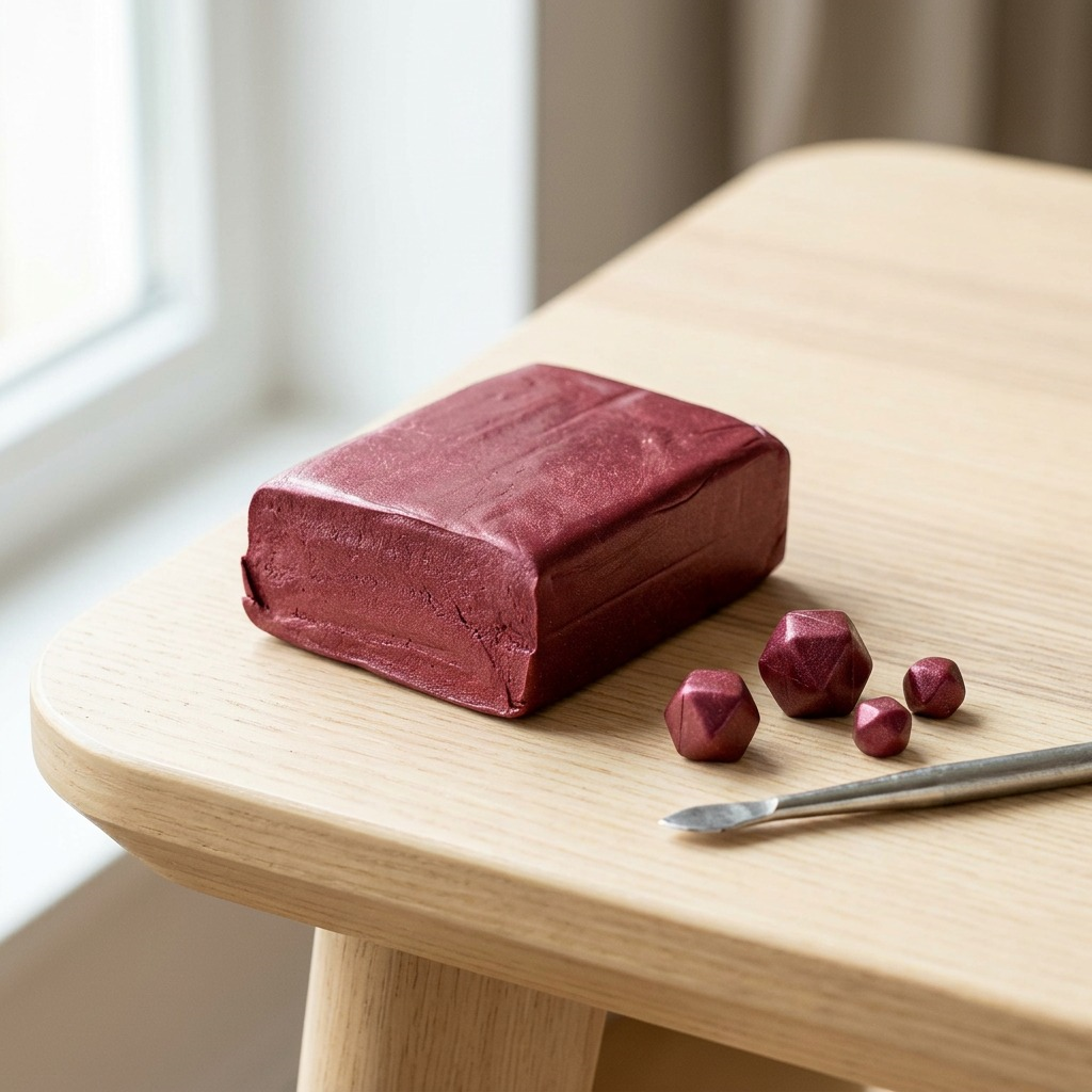 Alt text: Close-up photo on a wooden table of an unwrapped STAEDTLER FIMO Effect Bordeaux Metallic clay block.