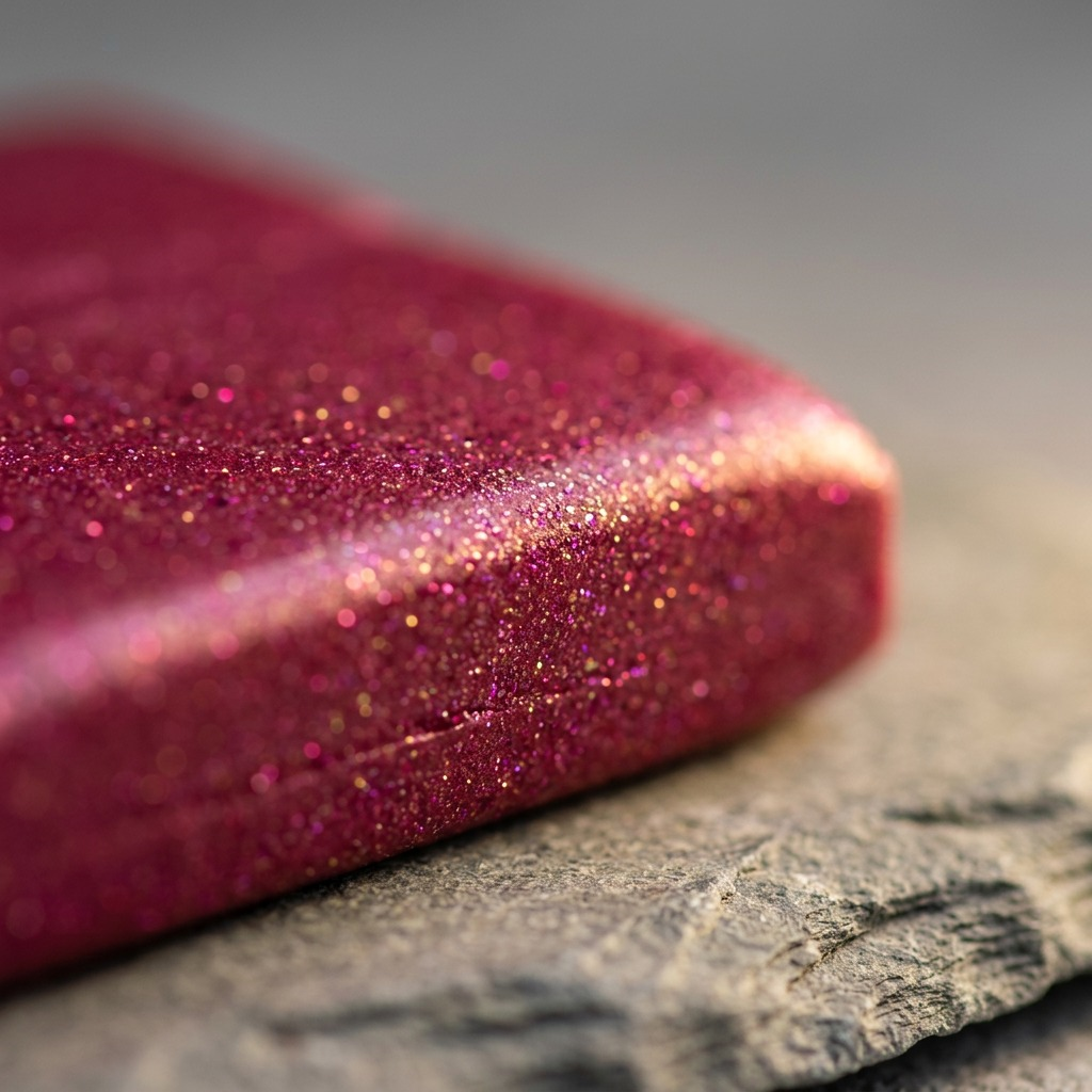 FIMO Effect Bordeaux Metallic clay, texture (glitter, grain), extreme macro.