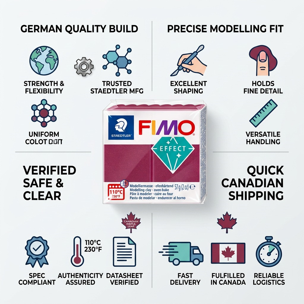 Fimo Effect Bordeaux clay infographic with quality icons, safe specifications, and Canadian shipping themes.