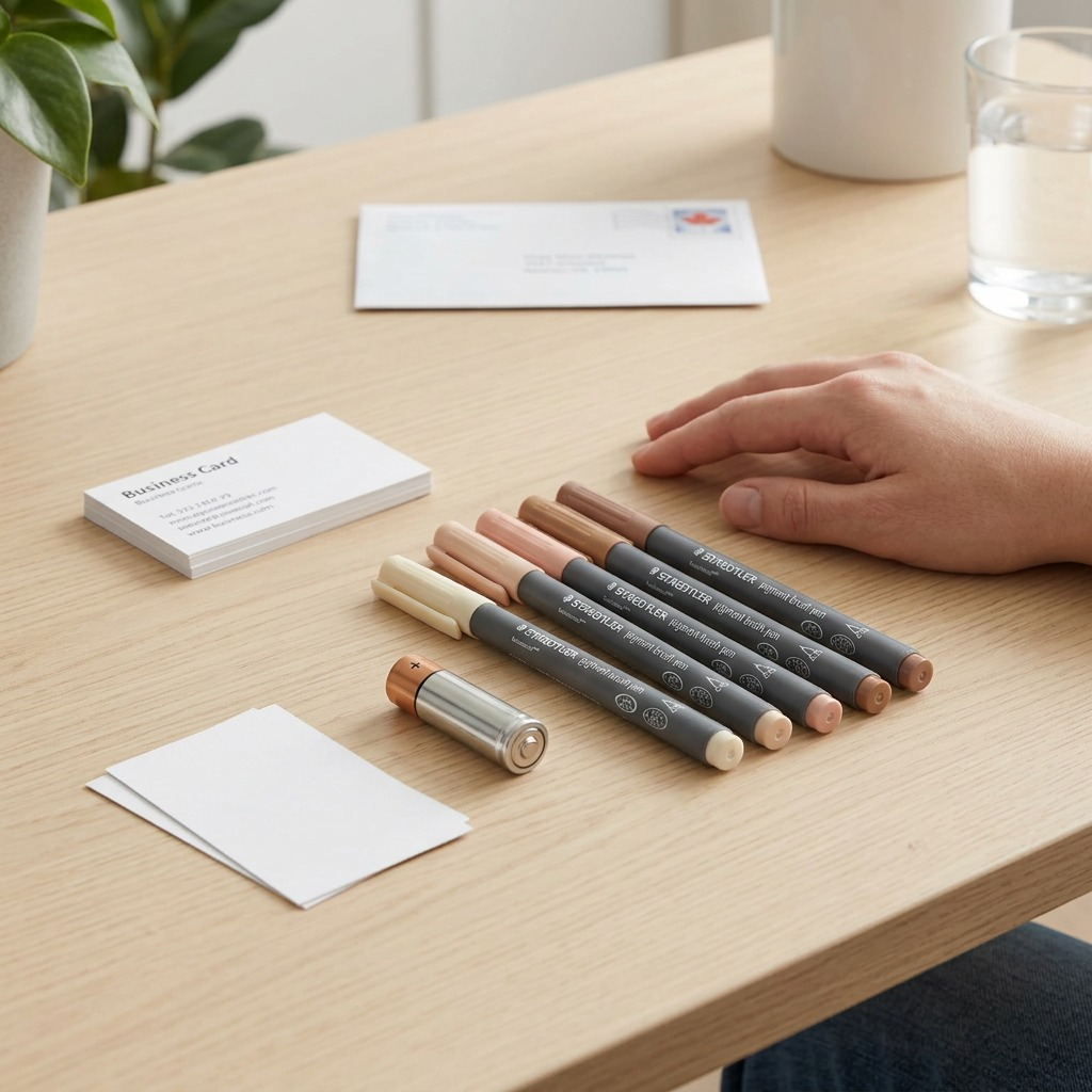 A to-scale image of the STAEDTLER Pigment Brush Pen set on a clean desk, next to a standard AA battery.