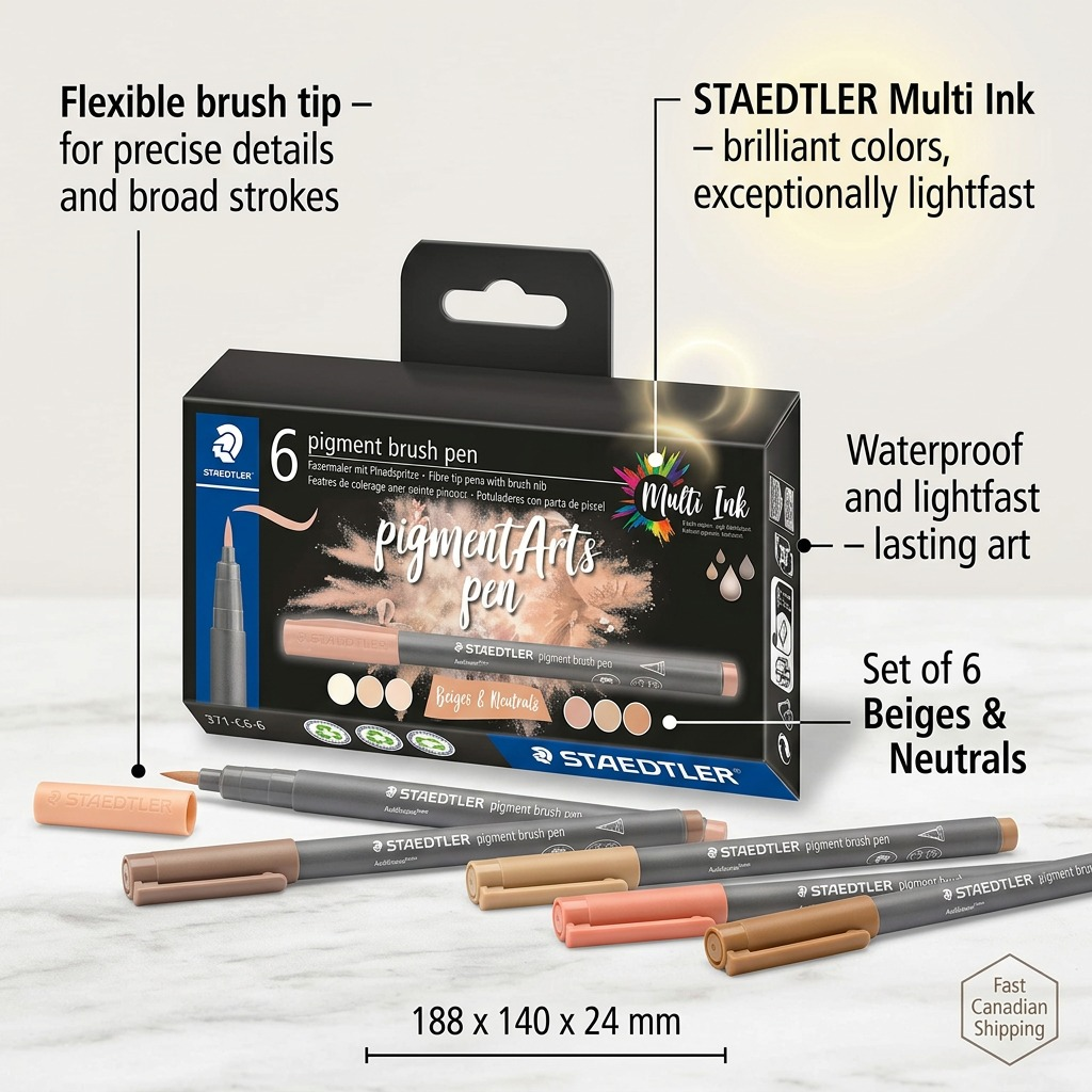 Operational feature graphic for STAEDTLER Pigment Brush Pen set, highlighting multi-ink technology and color palette.