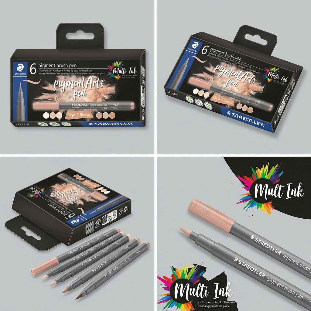 Ecommerce matrix view showing the STAEDTLER Pigment Brush Pen set (371-C6-6-10) and its contents from multiple clean angles for configuration clarity.