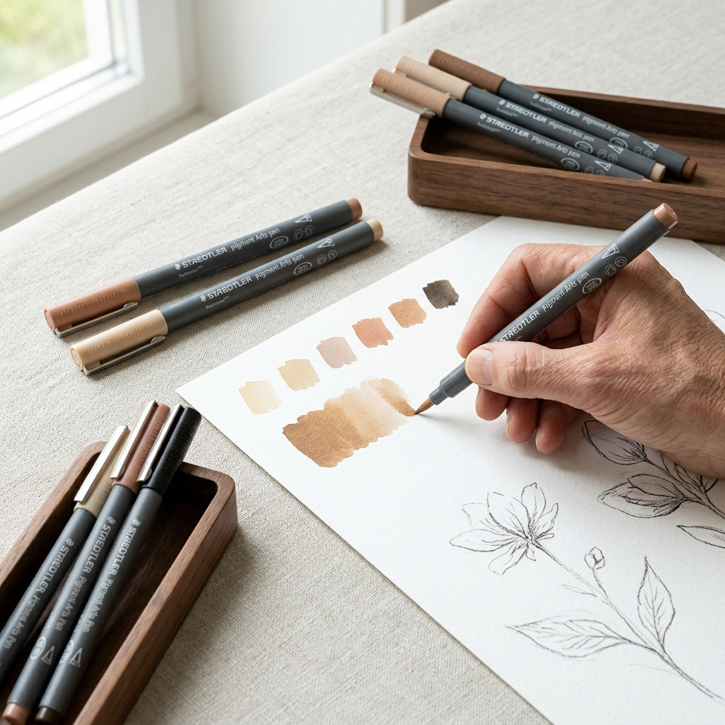 Detailed photo of 6 STAEDTLER Pigment Brush Pens (Beiges&Neutrals) with hand swatching ink and botanical studies on paper.