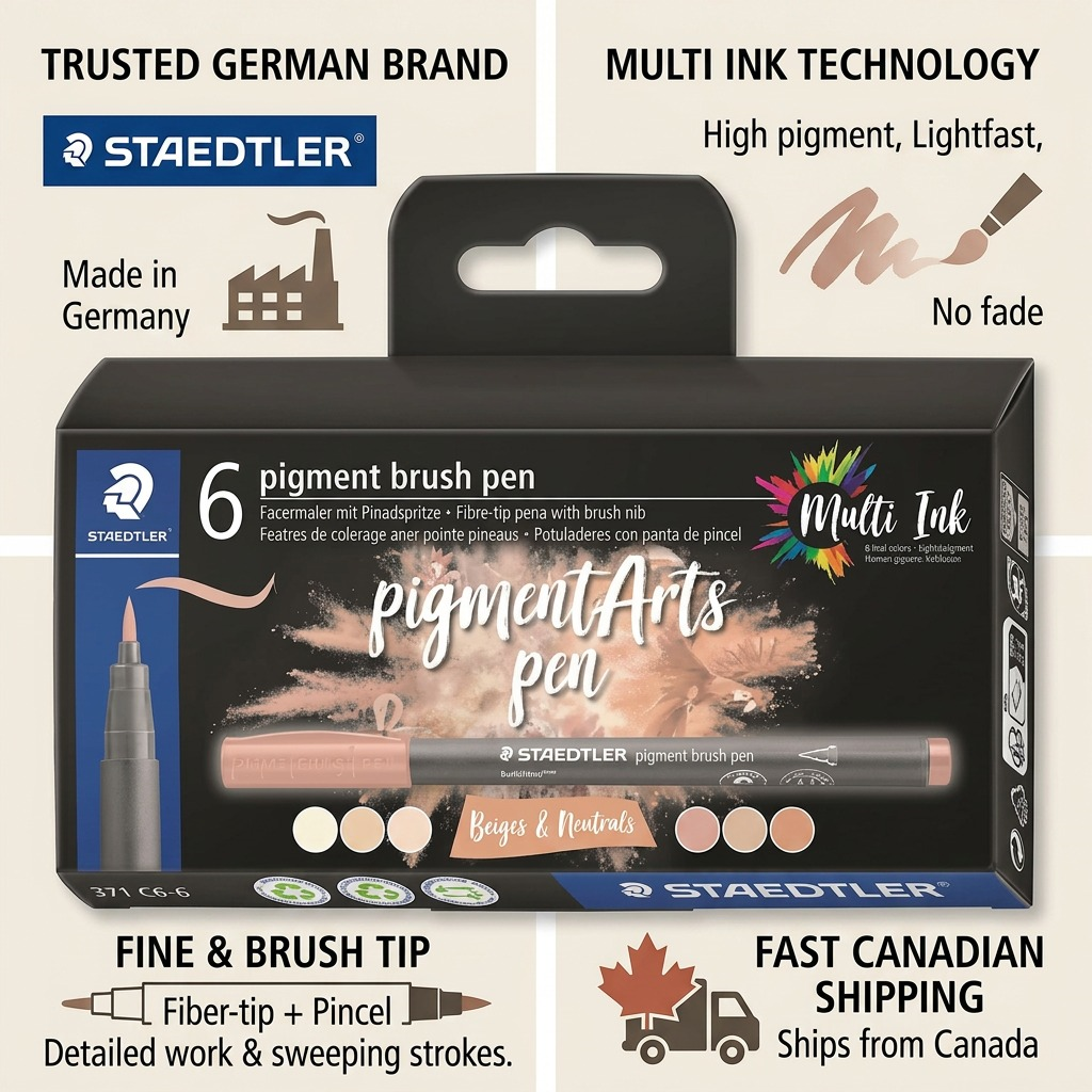 Infographic for STAEDTLER Pigment Brush Pen set on trusted brand, dual tip, and delivery.