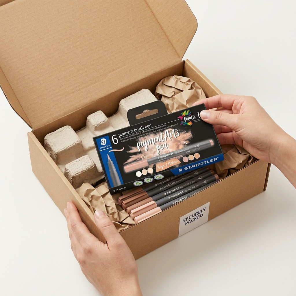 Reassuring unboxing: Staedtler pens arrive perfectly secure in protective shipping box.