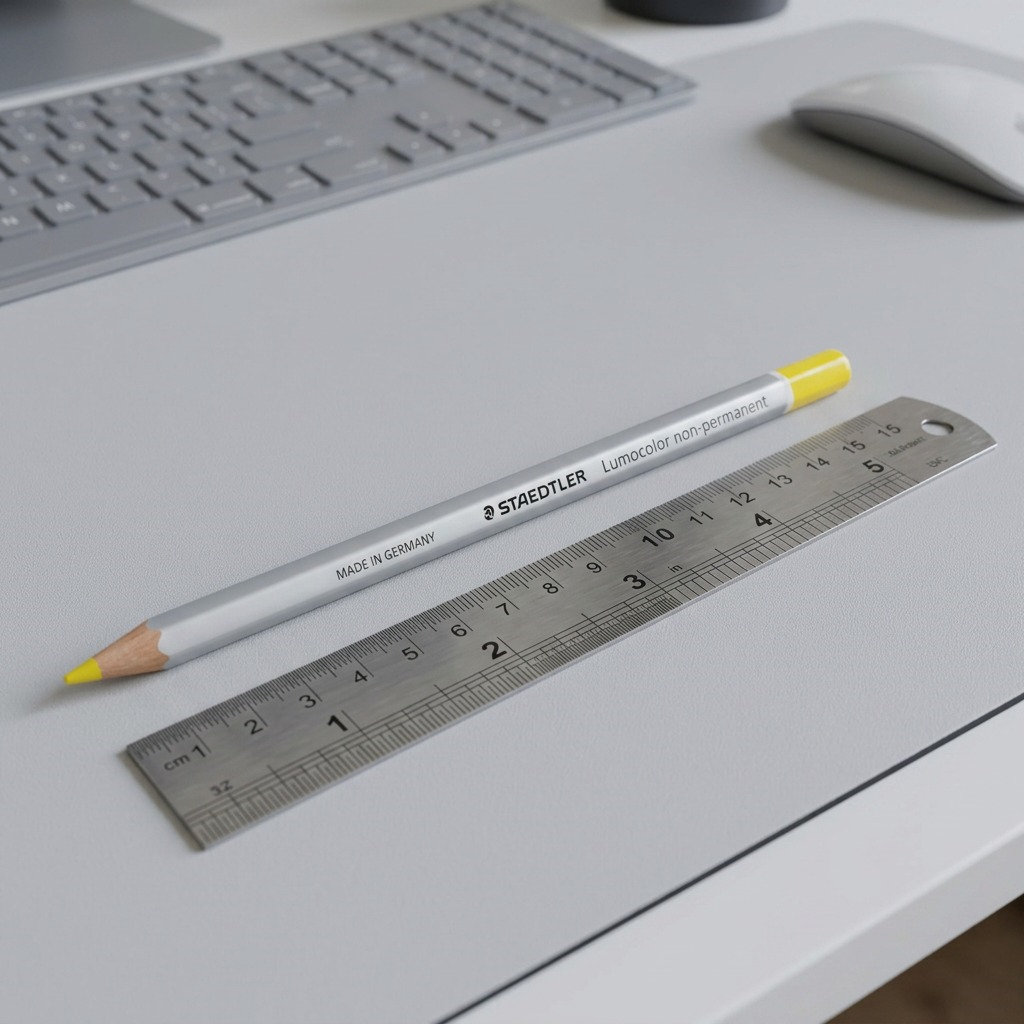 A close-up shot of the single Staedtler Lumocolor pencil resting next to standard, unsharpened No. 2 pencils and a common metal ruler.
