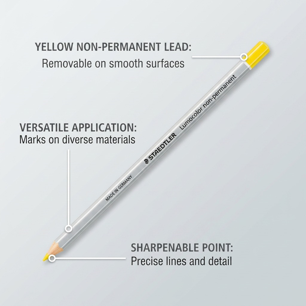 Feature callout graphic for STAEDTLER Lumocolor 108 Yellow pencil, highlighting its non-permanent lead.